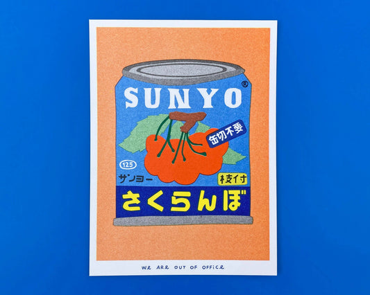 A risograph print of a canned cherries