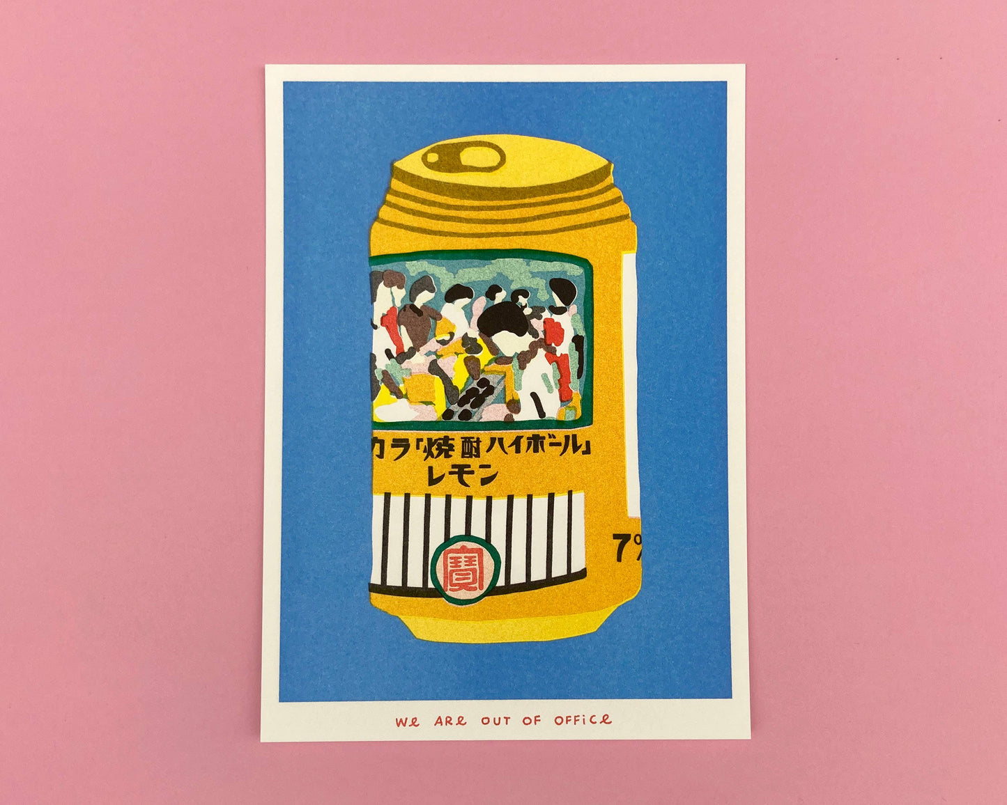 A risograph print of a can of chuhai
