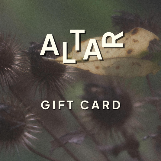 A gift card design featuring the text 'ALTA GIFT CARD' over a soft-focus photograph of dark seed heads and a muted green-brown leaf. Image(c)JudithLehmkuhlTeunissen