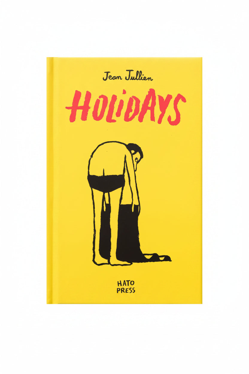 Book cover of 'Holidays' by Jean Jullien with a yellow background and black and red text.