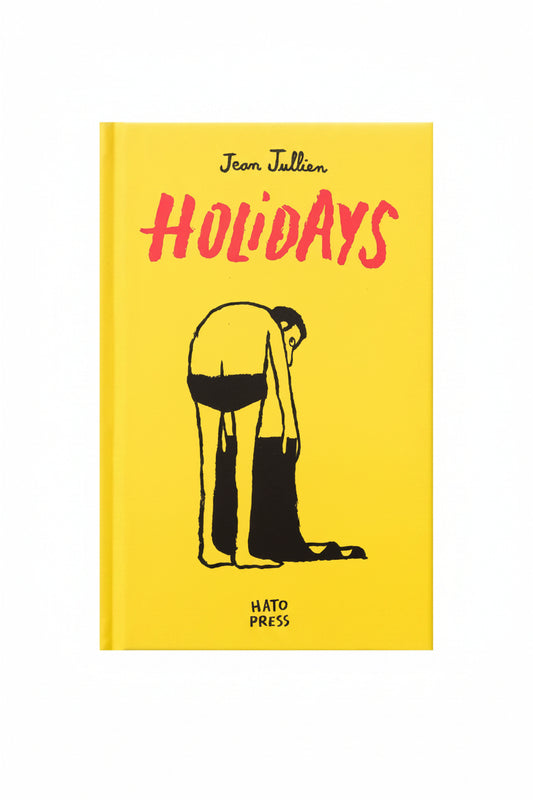 Book cover of 'Holidays' by Jean Jullien with a yellow background and black and red text.