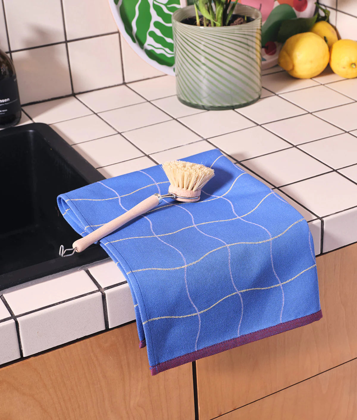 Wave Grid Blue Cotton - Tea Towel