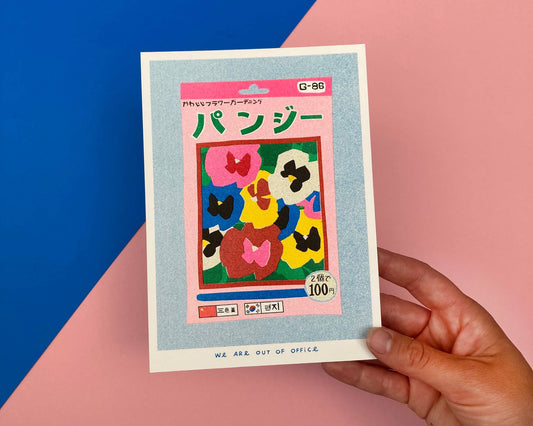 A package of Pansy Seeds - Risograph print