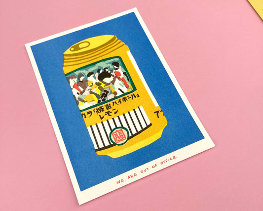 A risograph print of a can of chuhai